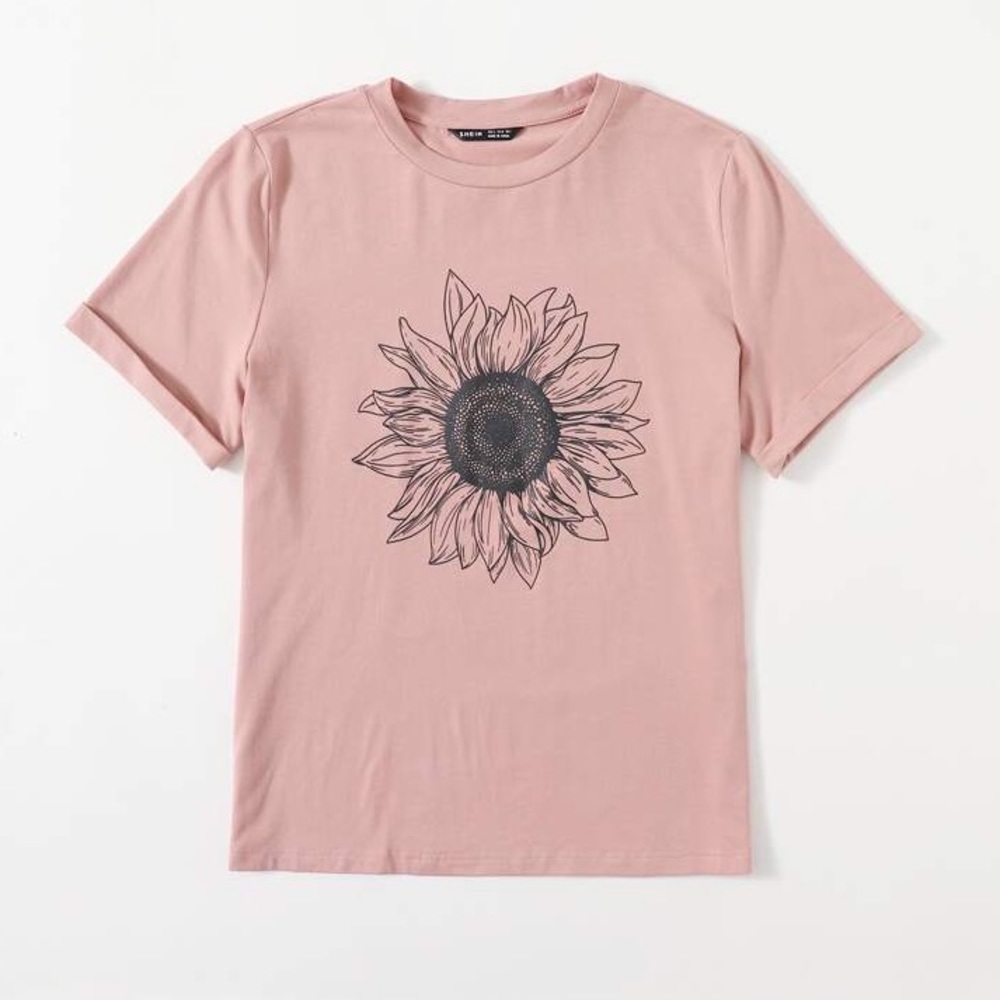 SHEIN SHEIN EZwear Rolled Sleeve Sunflower Print Tee in Pink,‎ Size XS, NIB